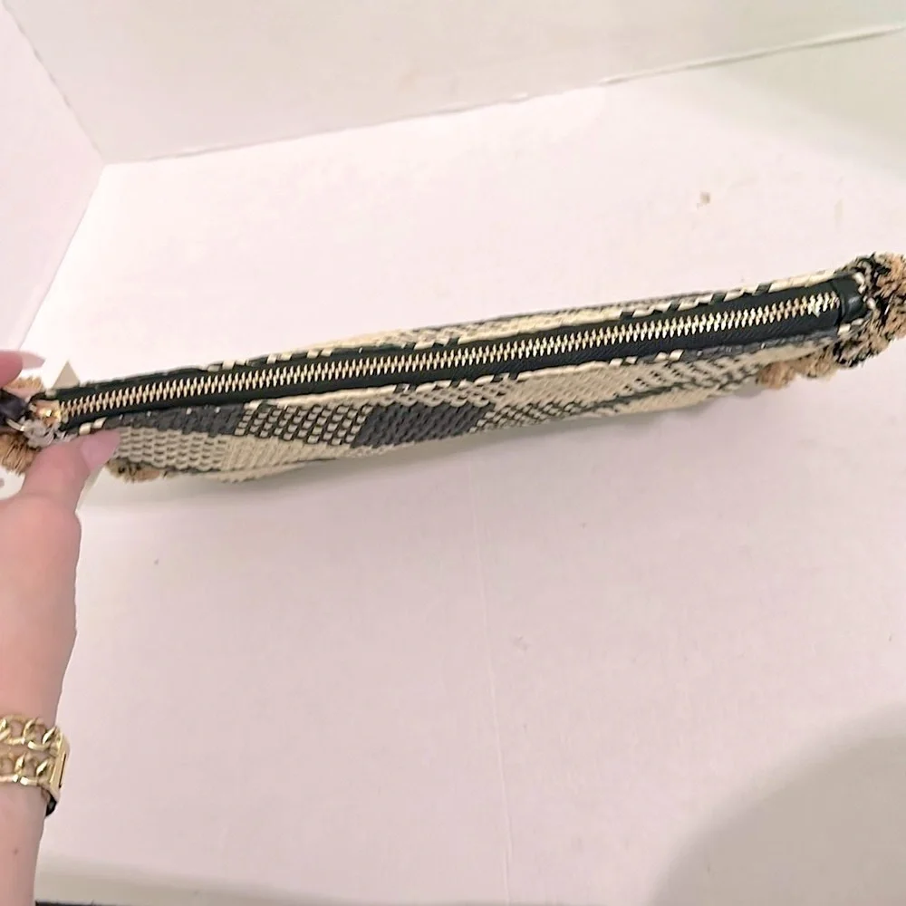 A New Day Checkered Black and Cream Clutch with Pop Poms and wristlet nwt